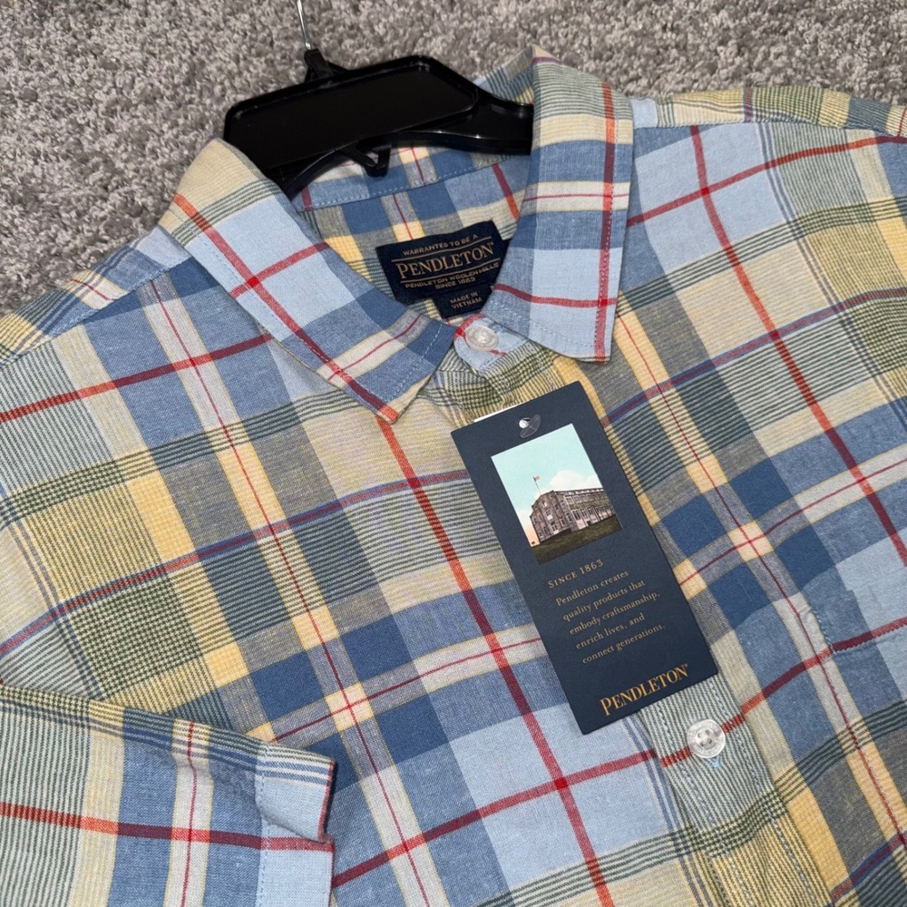 Pendleton Linen Blend Plaid Button Down Shirt Mens XXL Blue Yellow S/S NEW